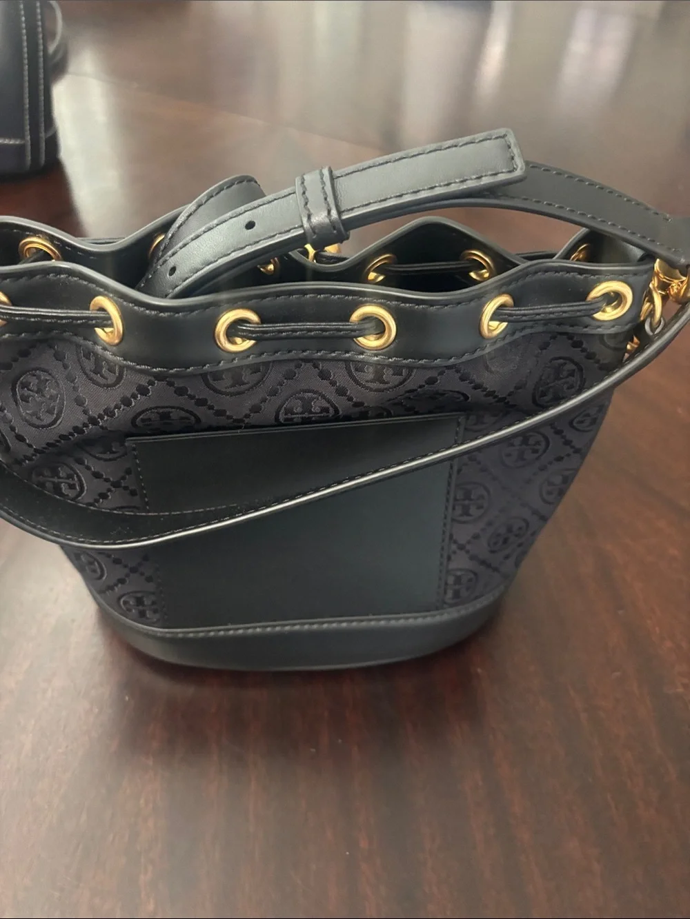 Tory Burch Black Logo Drawstring Mini Bucket Bag with Gold Hardware